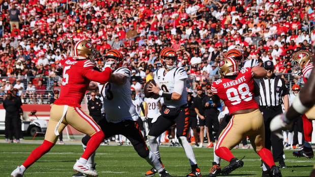 Oct 29, 2023; Santa Clara, California, USA; Cincinnati Bengals quarterback Joe Burrow (9) controls the ball against the San Francisco 49ers during the second quarter at Levi's Stadium. Mandatory Credit: Kelley L Cox-USA TODAY Sports  